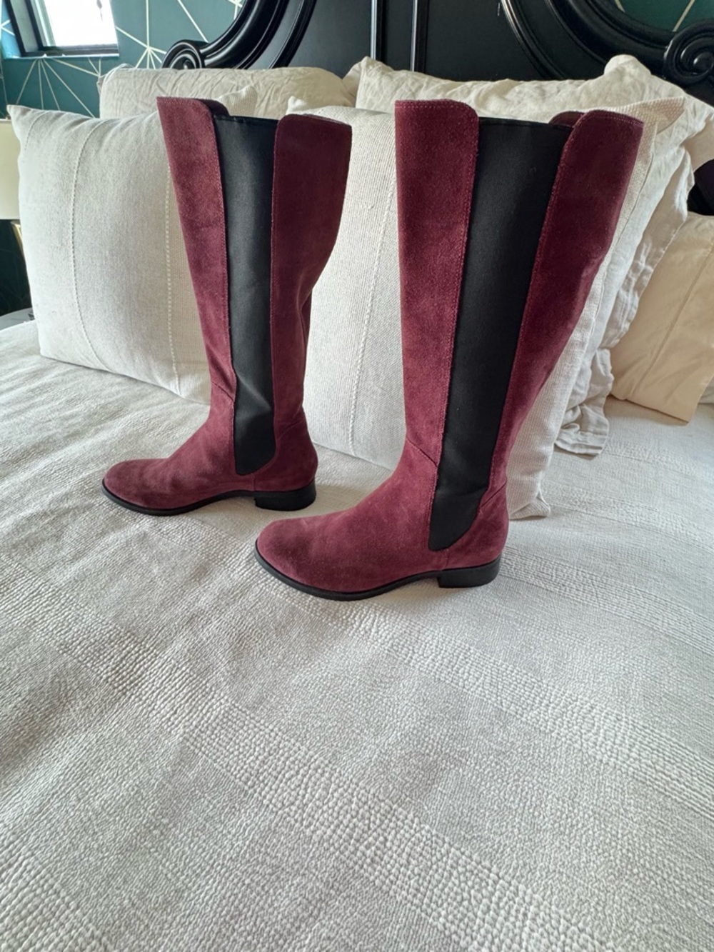 COLE HAAN Women's Burgundy Suede  Boots with Black Stretch Panels